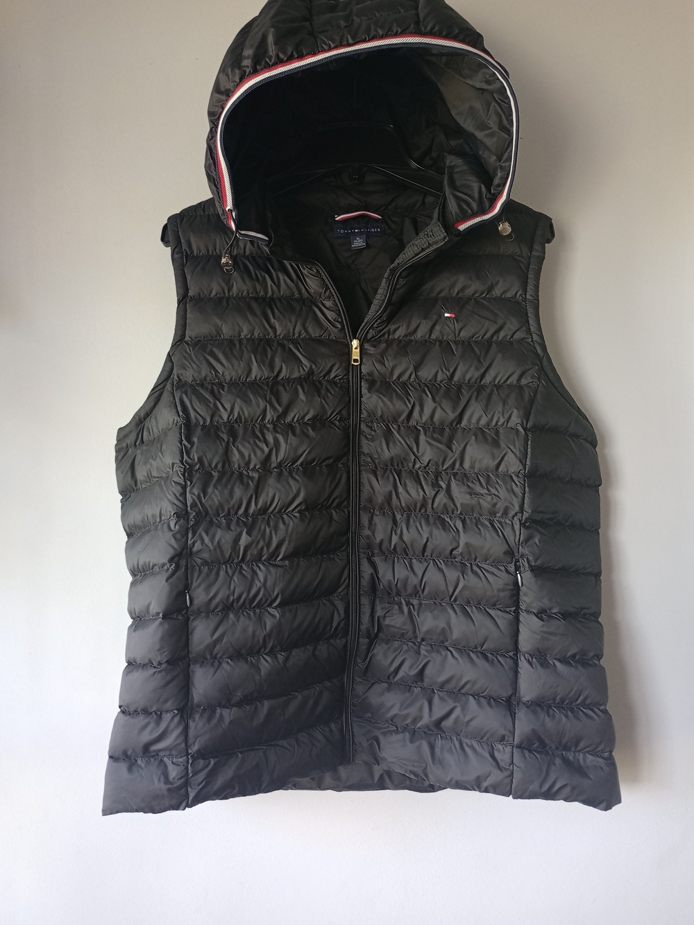 Tommy Hilfiger Women Quilted Black XL Lightweight Vest Removable Hood Preppy